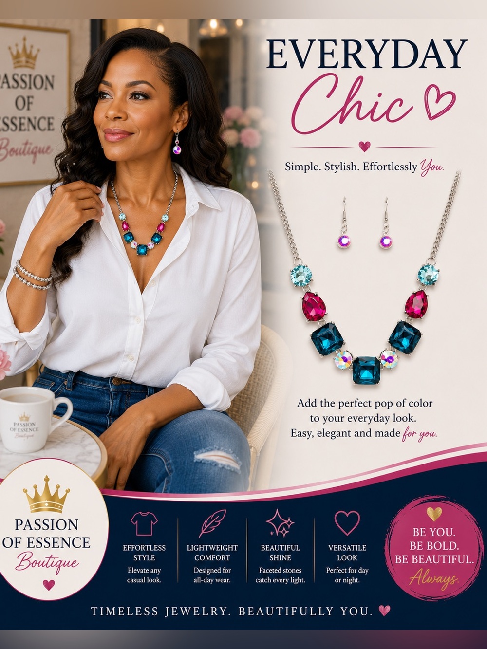 Multicolor Necklace Pink Crystal Hoop Earrings Set Bold Statement Jewelry